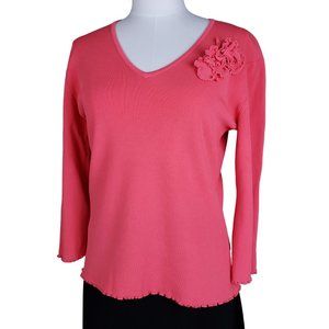 Preston & York Knit Fitted Top Sweater Ruffle Edge Hem & Flower L